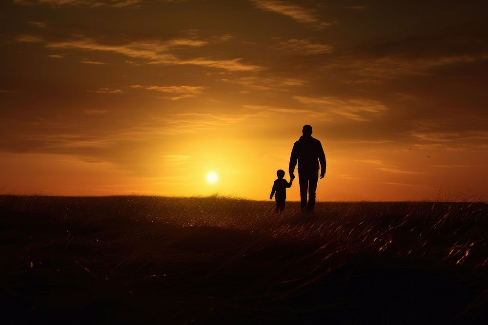 Photo silhouette of father and child on a empty field backlighting outdoors walking. AI generated Image by rawpixel.