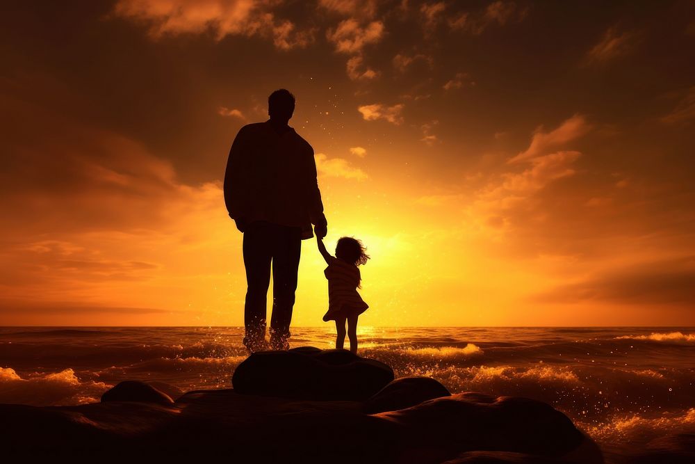 Photo silhouette of father carrying child on his shoulders at a sandy beach backlighting adult togetherness. AI generated…