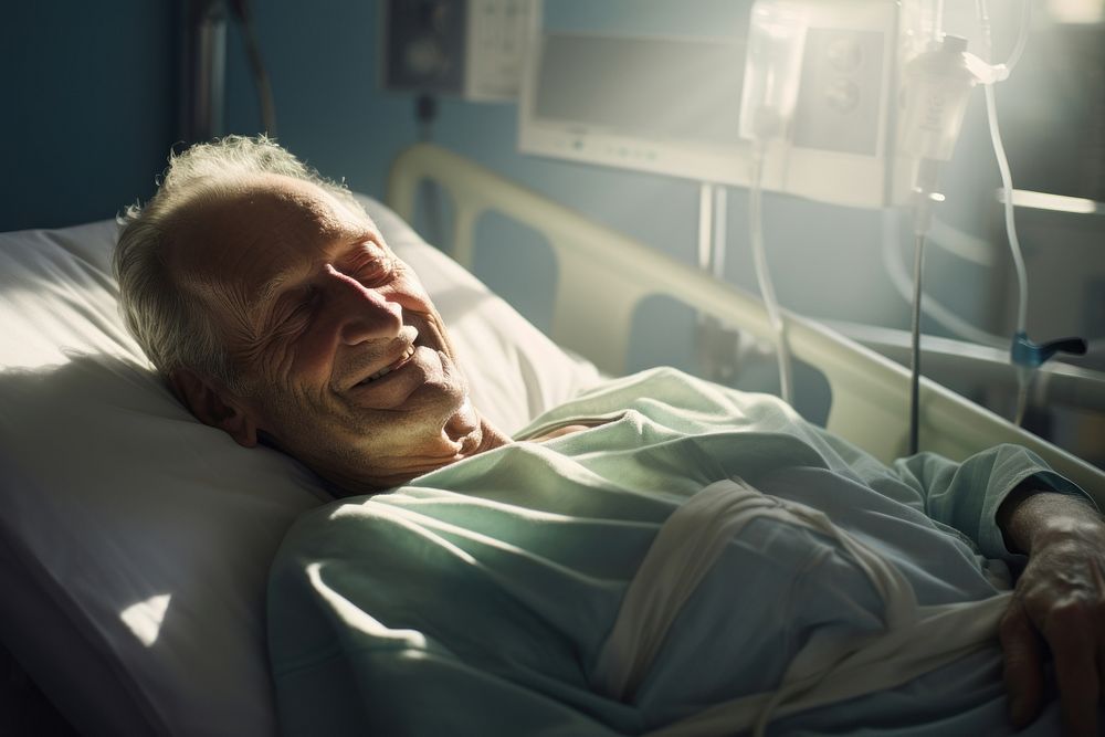 Smiling patient hospital adult bed. AI generated Image by rawpixel.