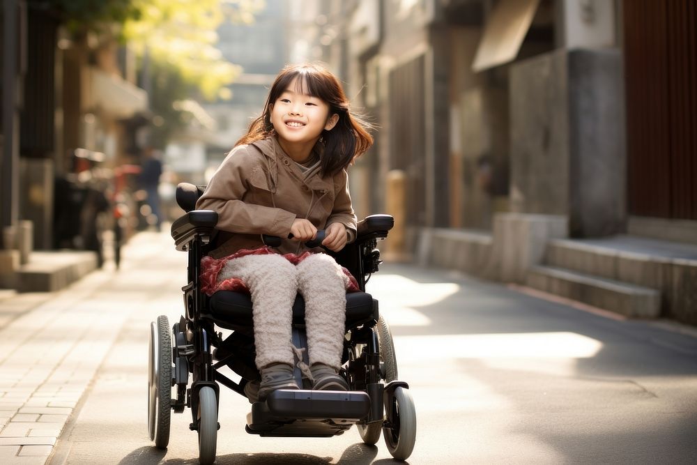 Young girl wheelchair vehicle sitting. 