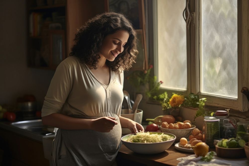 Israeli pregnant woman cooking female person. AI generated Image by rawpixel.