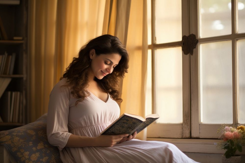 Israeli pregnant woman reading book publication. AI generated Image by rawpixel.