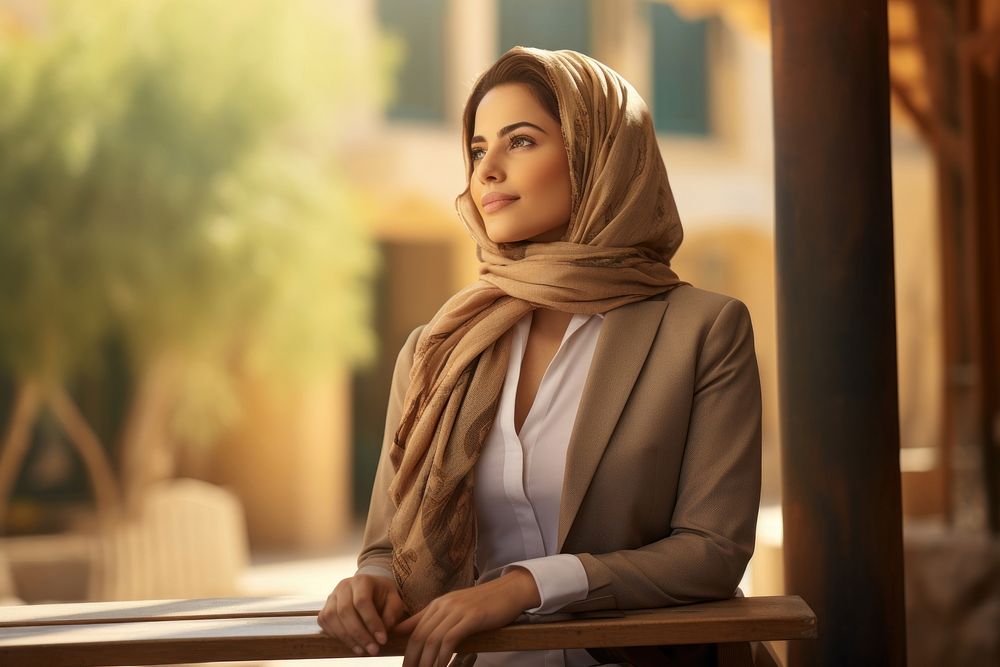 Palestine businesswoman person scarf contemplation. AI generated Image by rawpixel.