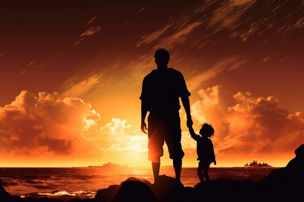 Silhouette of father carrying child on his shoulders at a sandy beach backlighting adult togetherness. AI generated Image by…