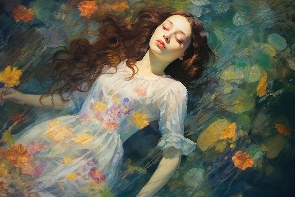 Woman lay down underwater painting portrait adult. AI generated Image by rawpixel.
