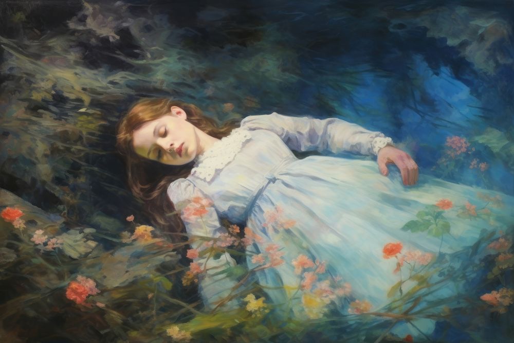 Woman lay down underwater painting portrait art. AI generated Image by rawpixel.