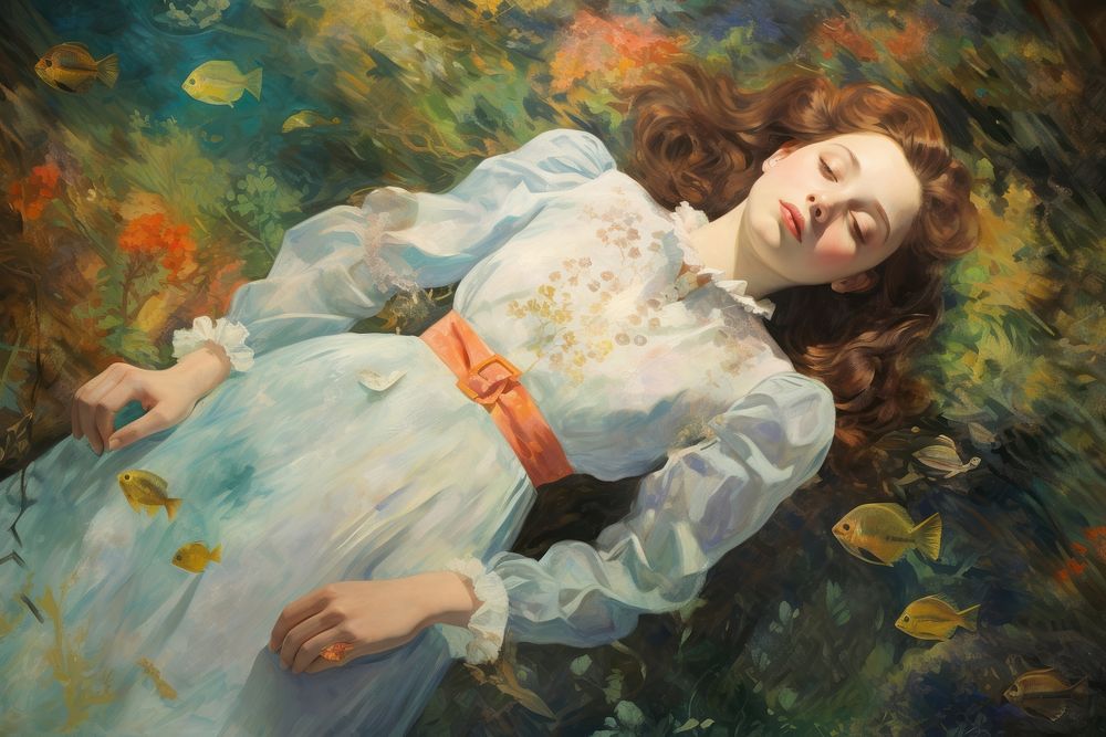 Woman lay down underwater painting portrait art. AI generated Image by rawpixel.