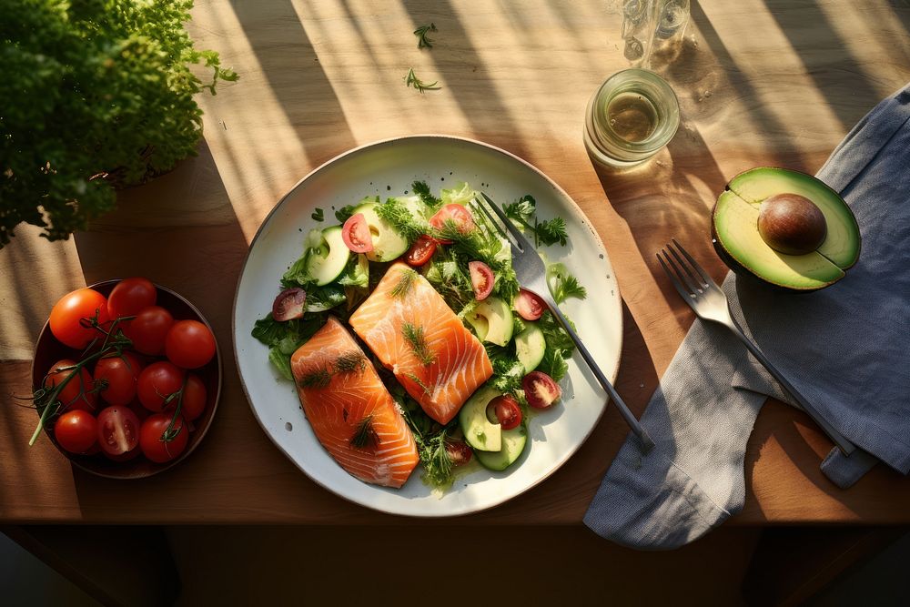 Avocado salad and salmon seafood plate vegetable. AI generated Image by rawpixel.