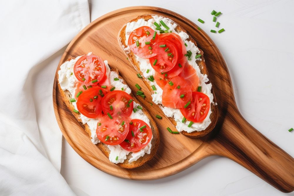 Cottage cheese toast plate tomato salmon. AI generated Image by rawpixel.