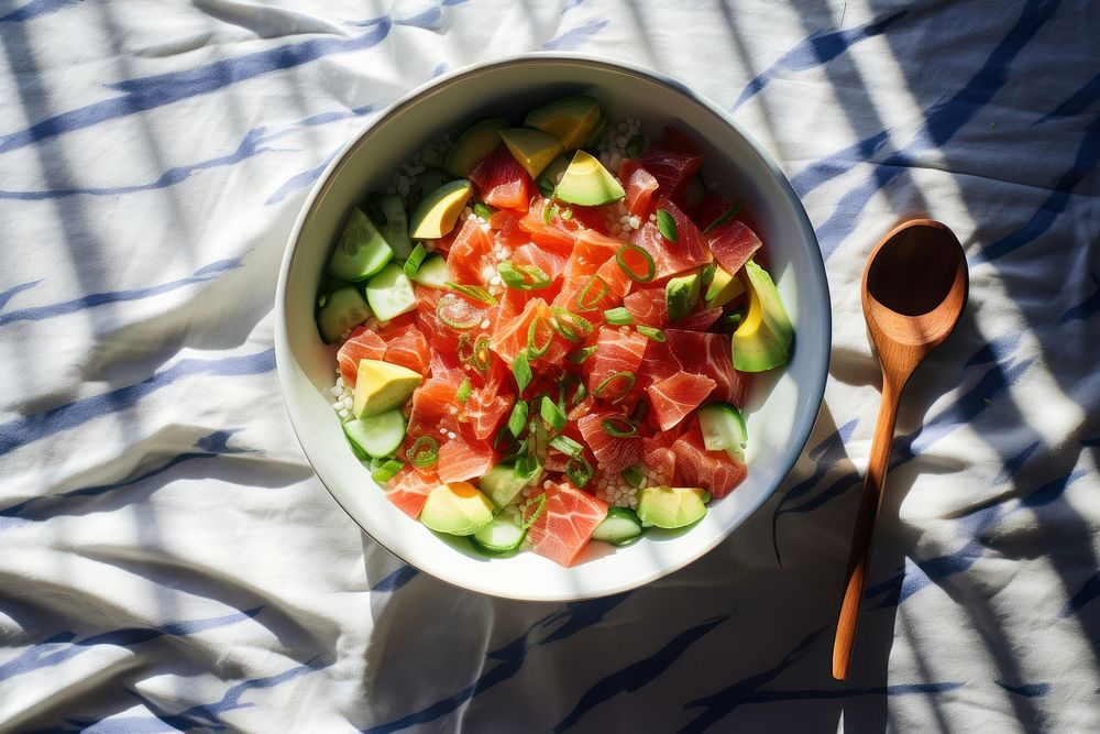 Poke bowl plate table spoon. AI generated Image by rawpixel.