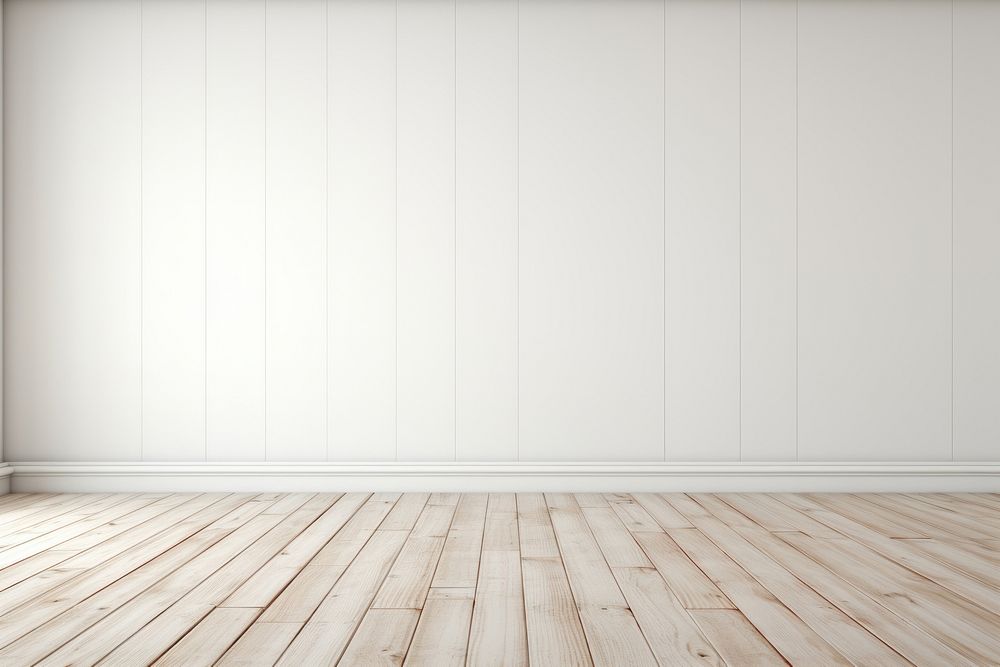 White empty room with wall and wooden floor laminate backgrounds flooring architecture. AI generated Image by rawpixel.