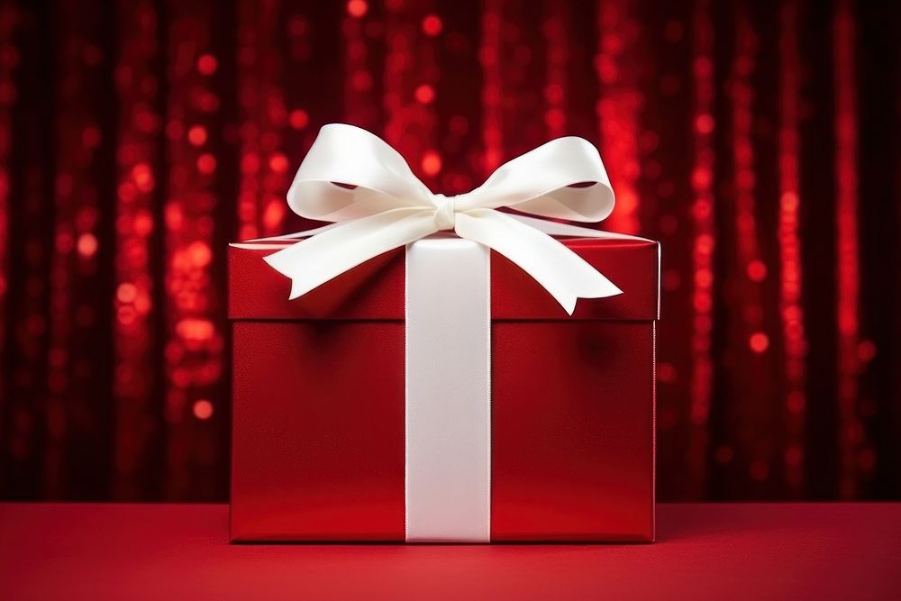 White ribbon with bow on red box gift illuminated celebration. AI generated Image by rawpixel.