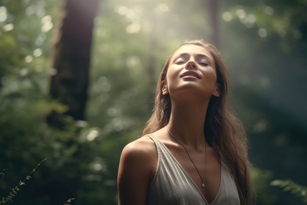 Woman smelling the air in the forest photography portrait adult. AI generated Image by rawpixel.