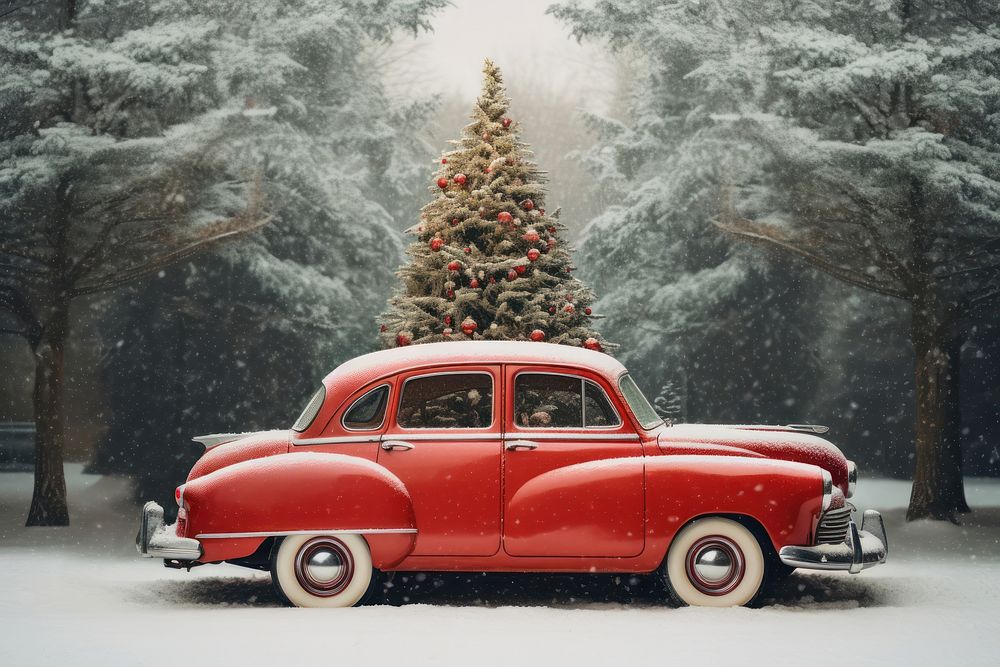 A red car with a Christmas tree christmas decoration vehicle. AI generated Image by rawpixel.