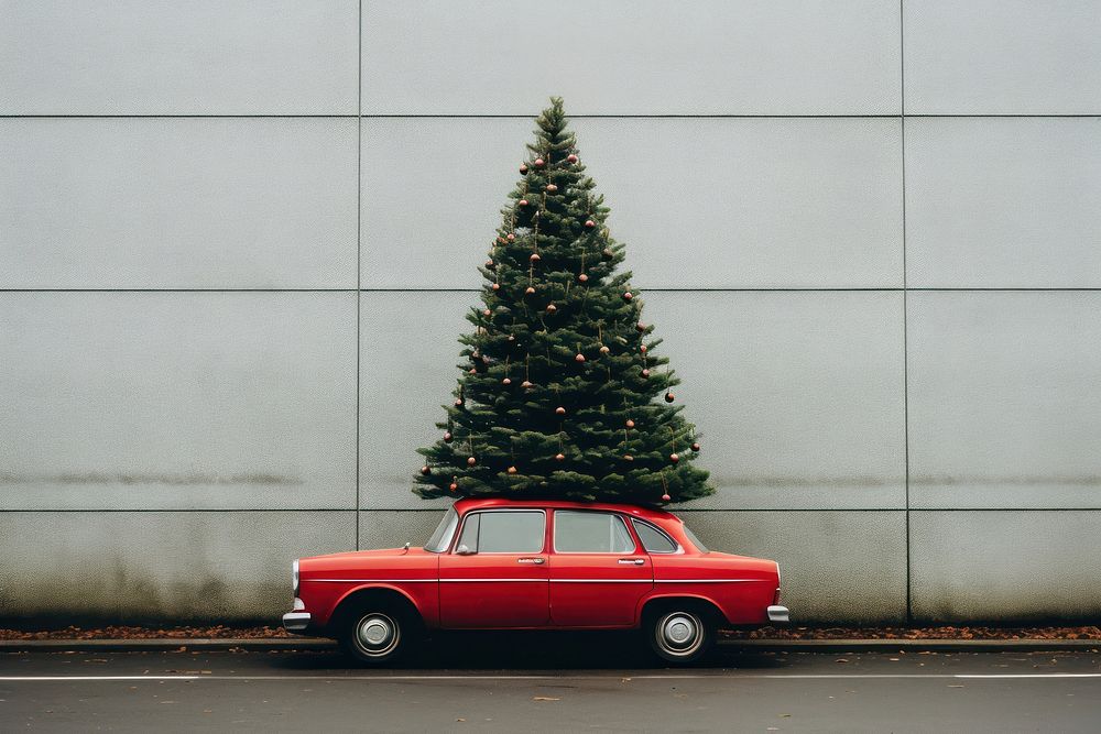 A red car with a Christmas tree christmas decoration vehicle. AI generated Image by rawpixel.