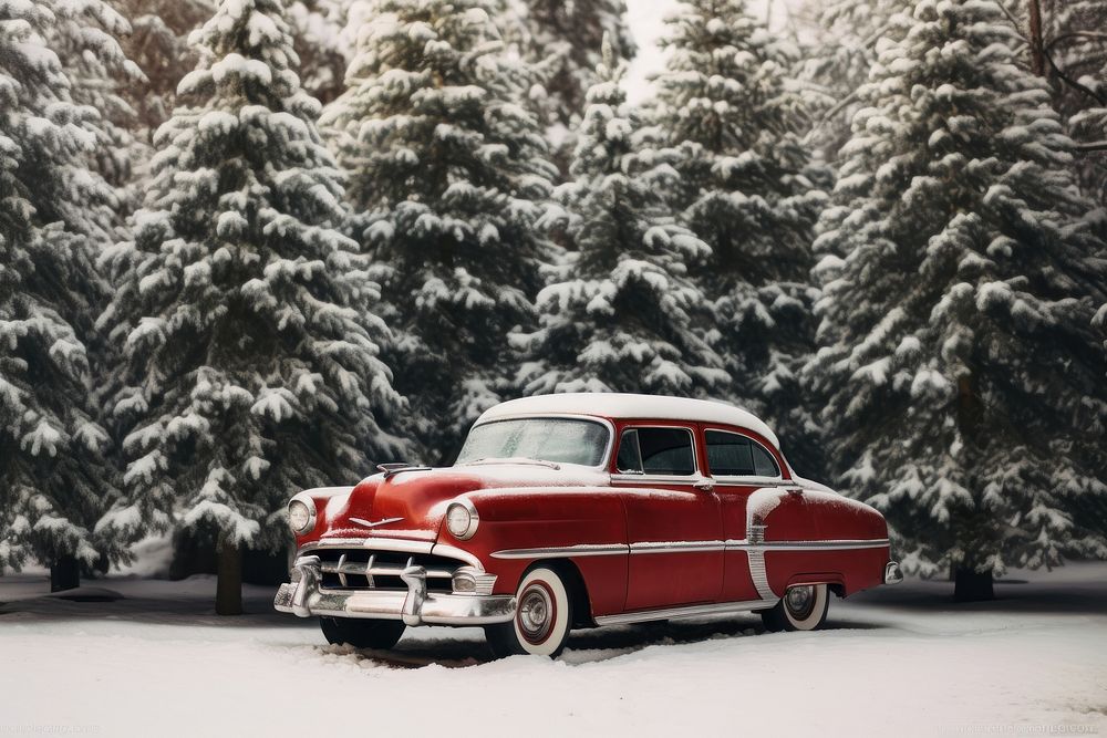 A red car with a Christmas tree vehicle snow christmas tree. AI generated Image by rawpixel.
