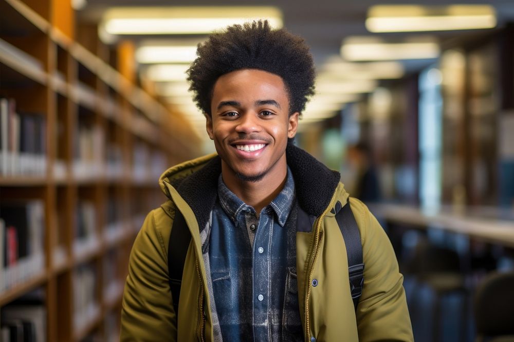 A smiling young African student in a library with books on him holding a backpack publication adult smile. AI generated…