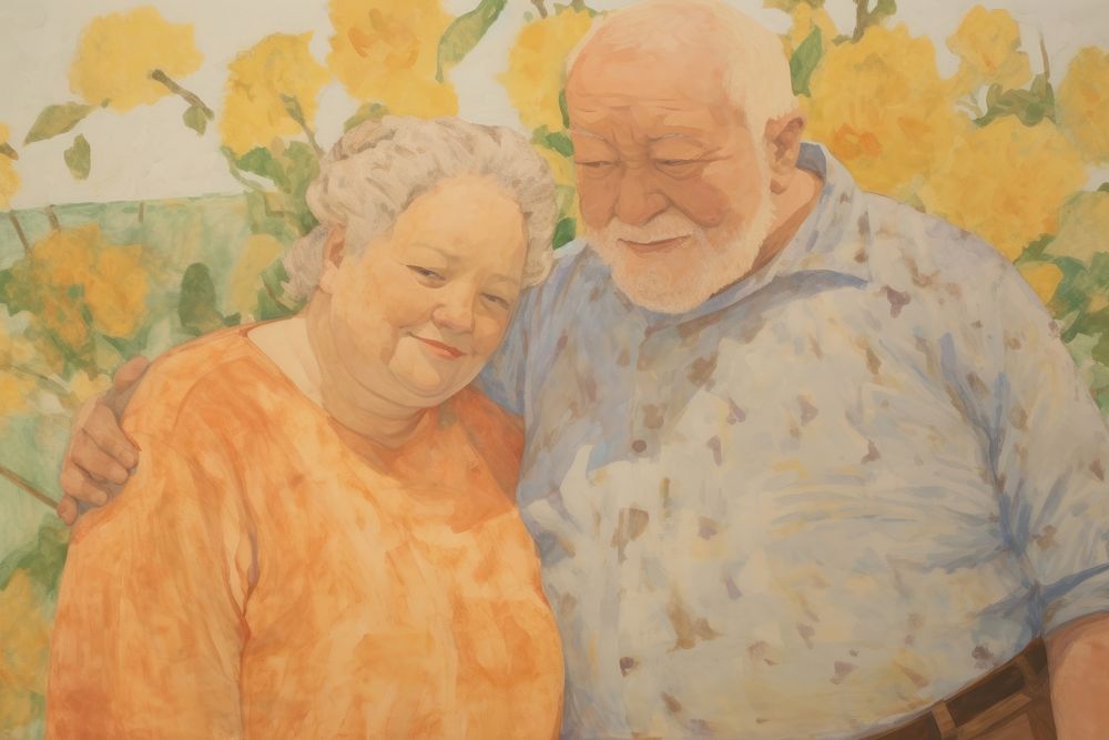 Chubby old woman holding flowers with chubby old man painting art portrait. AI generated Image by rawpixel.