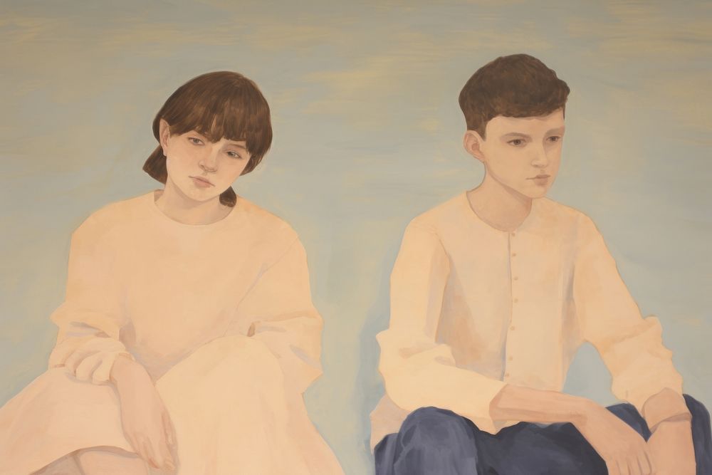 Boy and girl sitting together painting art togetherness. AI generated Image by rawpixel.