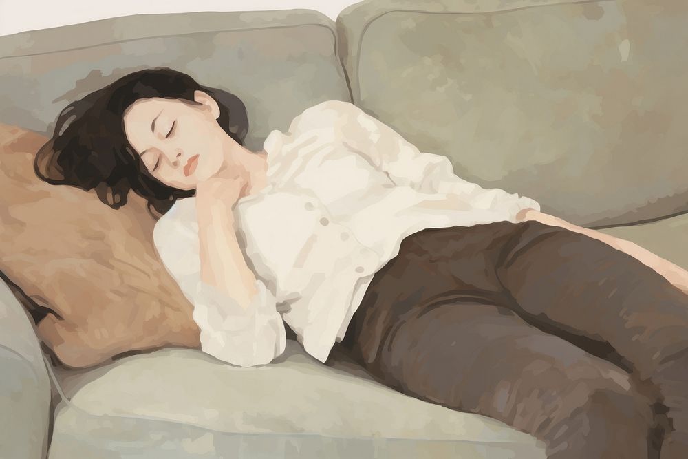 Woman laying in sofa painting furniture sleeping. 