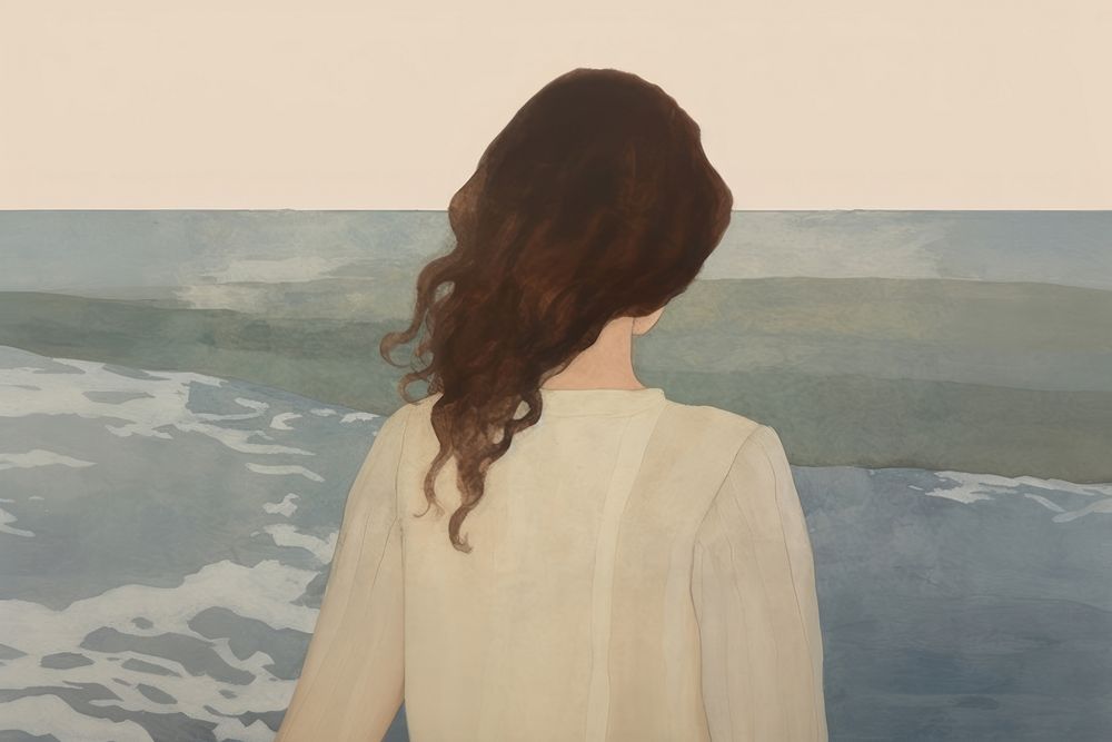 Back view of woman in front of the sea painting art adult. AI generated Image by rawpixel.