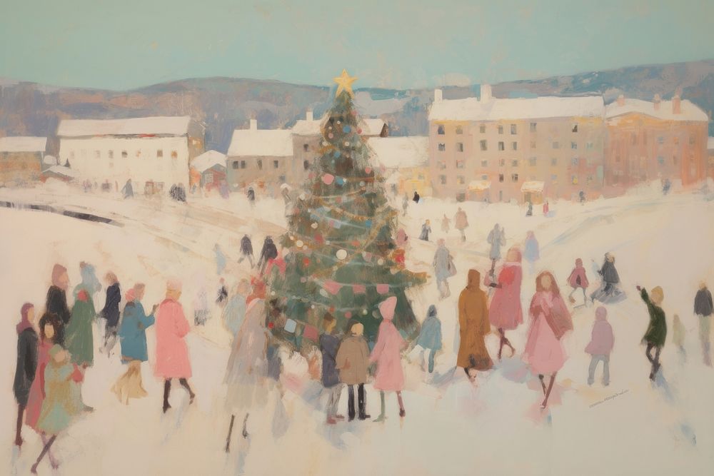 Christmas tree in town a lot of people architecture painting outdoors. AI generated Image by rawpixel.