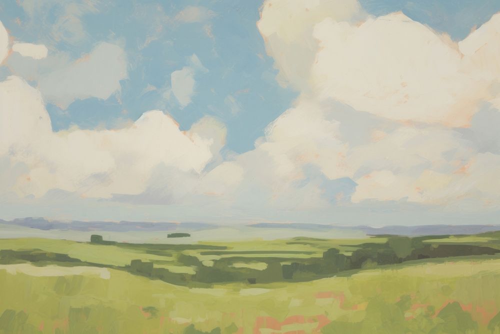 White clouds on blue sky and green meadow painting landscape grassland. AI generated Image by rawpixel.