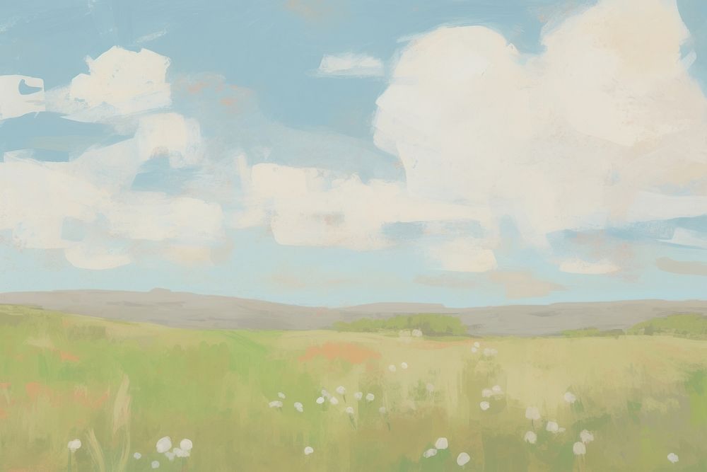 White clouds on blue sky and green meadow painting backgrounds grassland. AI generated Image by rawpixel.