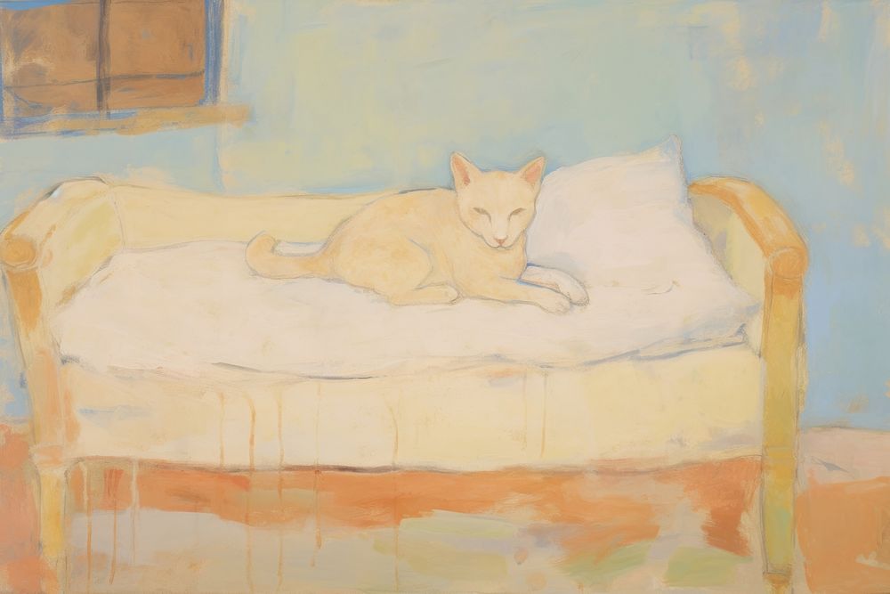 Cat sitting in blue bed painting art furniture. AI generated Image by rawpixel.