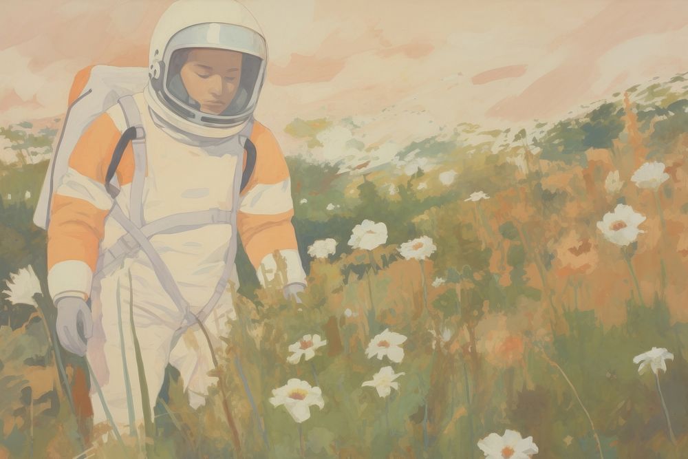 Astronaut in the flower field painting outdoors nature. AI generated Image by rawpixel.