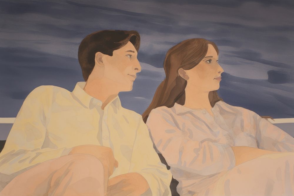 Couple in cinema theater painting art adult. AI generated Image by rawpixel.