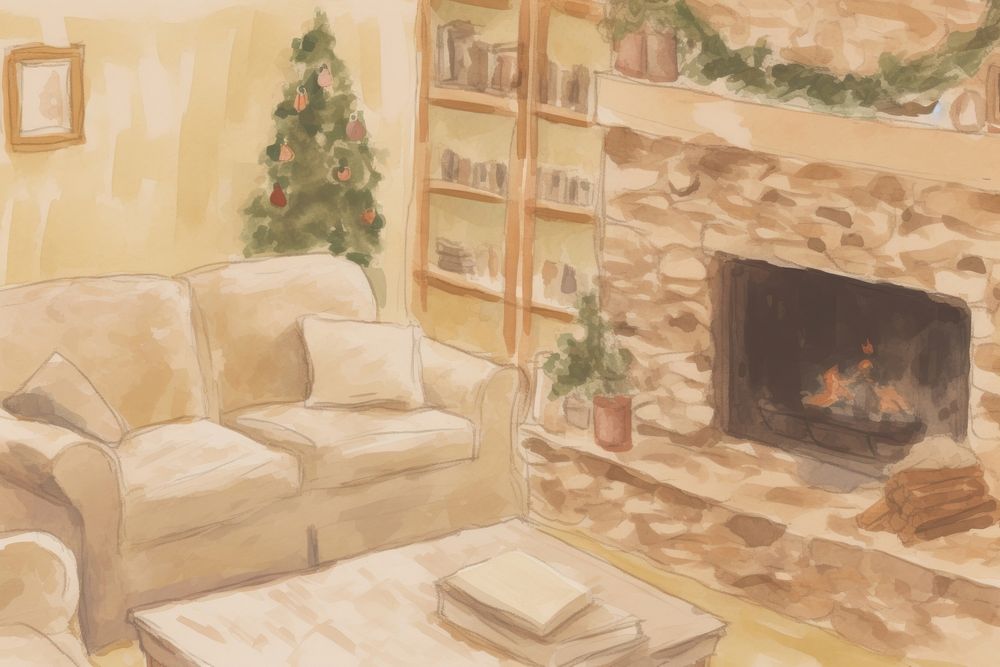 Living room in christmas day painting architecture fireplace. AI generated Image by rawpixel.
