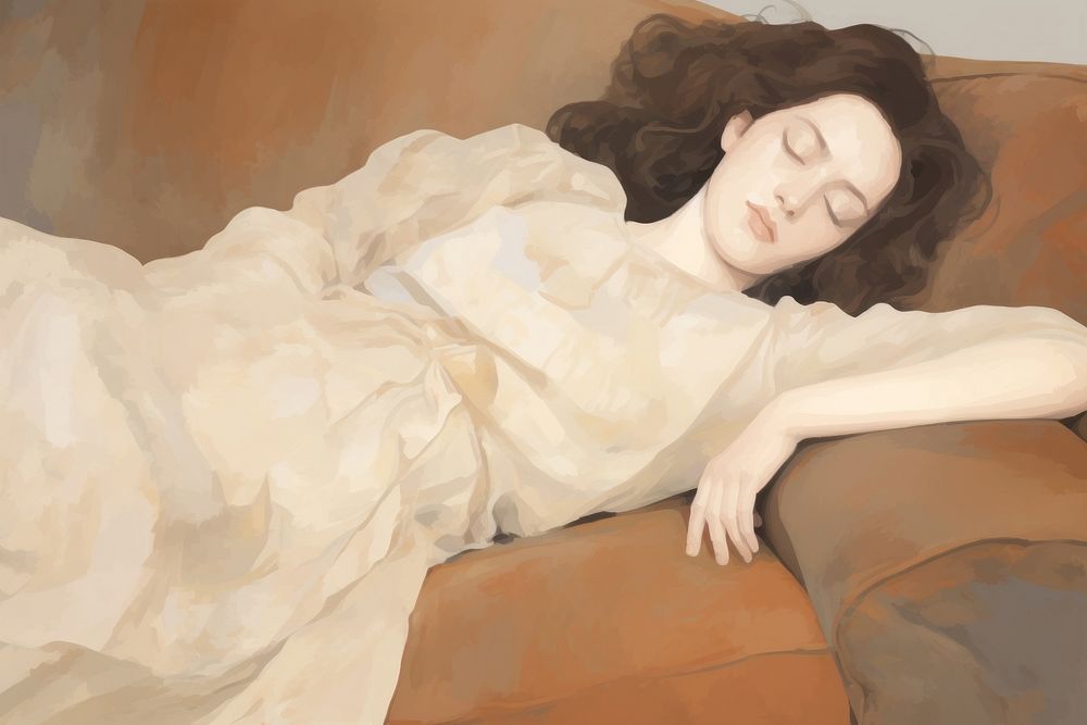 Woman laying in sofa painting sleeping adult
