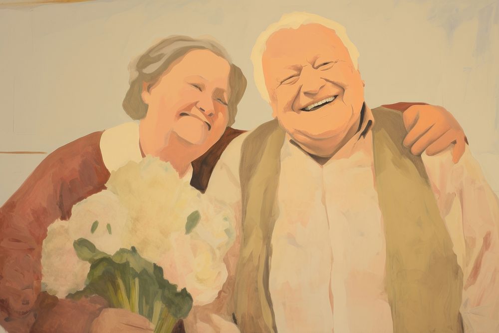 Chubby old woman holding flowers with chubby old man painting art adult. 