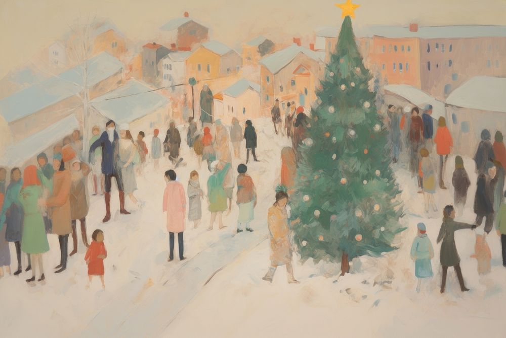 Christmas tree in town a lot of people art painting outdoors. AI generated Image by rawpixel.
