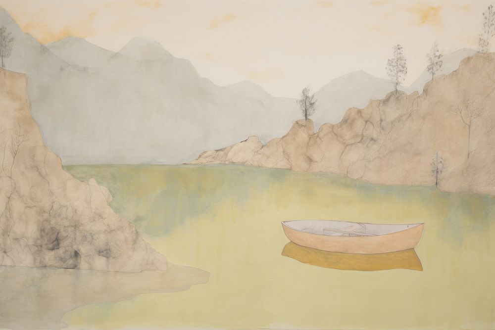 Boat on a lake in the hilly forest painting art tranquility. AI generated Image by rawpixel.