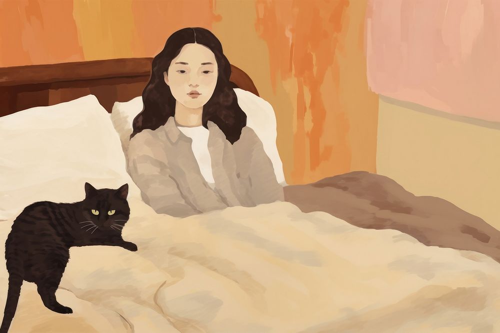 Girl and cat sitting in brown bed furniture painting bedroom. AI generated Image by rawpixel.