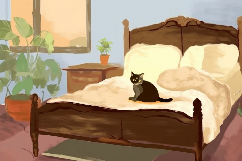 Girl and cat sitting in brown bed furniture painting bedroom. AI generated Image by rawpixel.