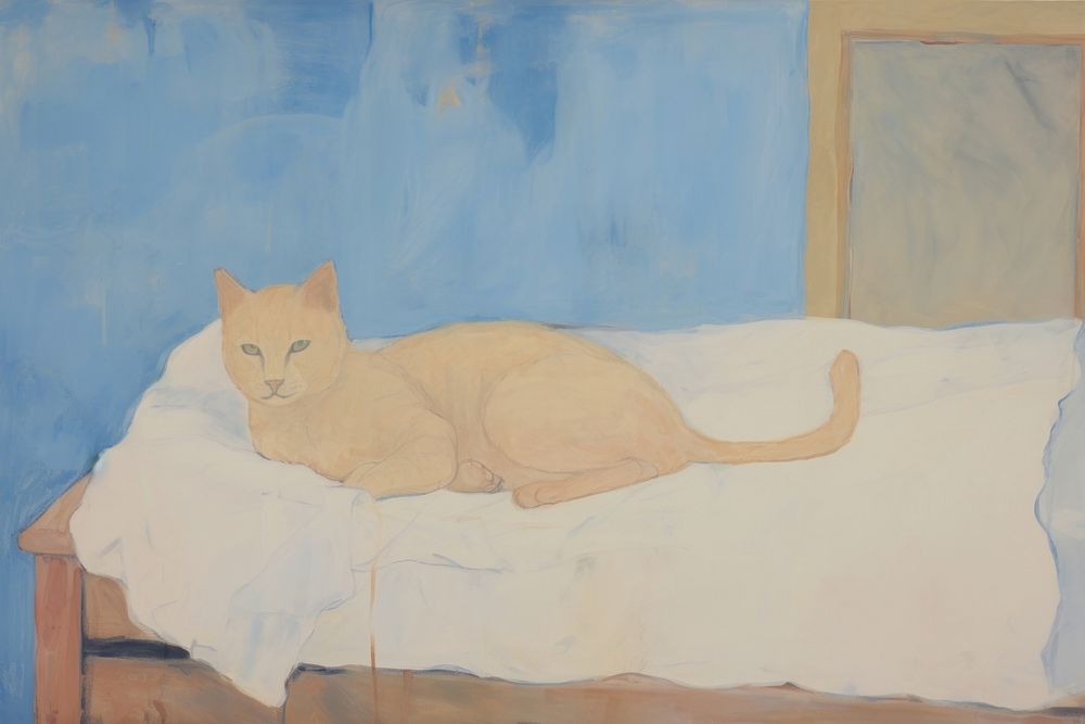 Cat sitting in blue bed painting art furniture. AI generated Image by rawpixel.