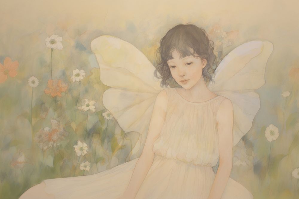 Little fairy in the flowers painting art angel. AI generated Image by rawpixel.