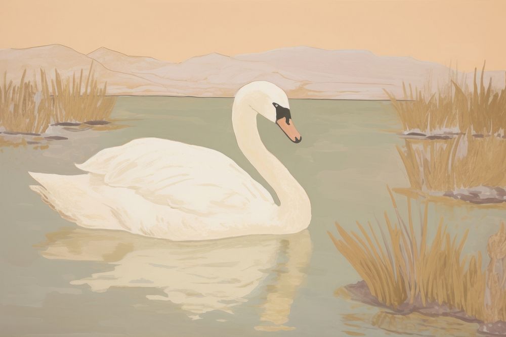 Swan in the lake painting animal bird. AI generated Image by rawpixel.