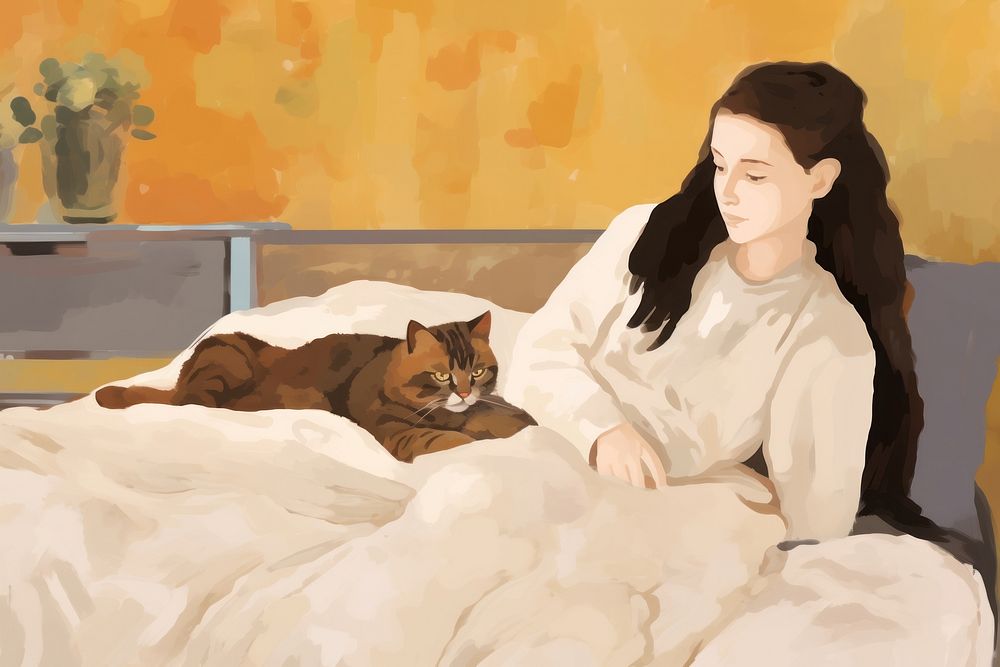 Girl and cat sitting in brown bed painting blanket mammal. AI generated Image by rawpixel.