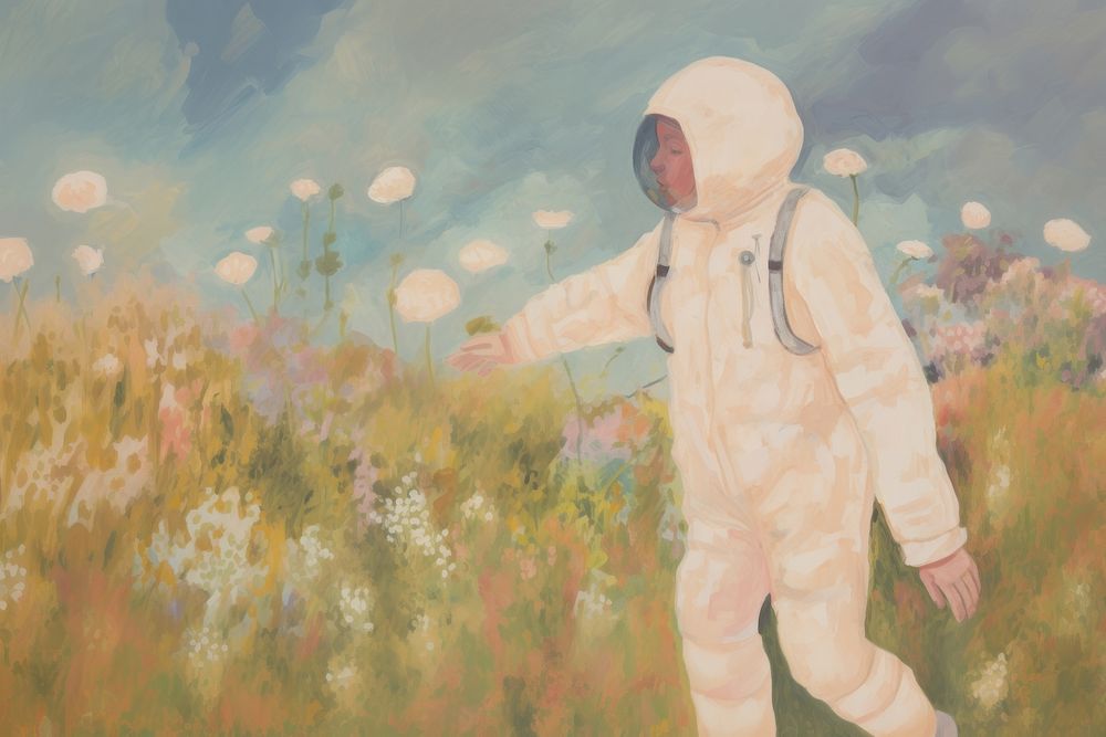 Astronaut in the flower field painting art outdoors. AI generated Image by rawpixel.