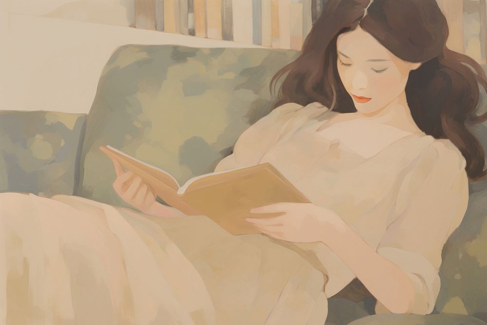 Girl reading book in the library painting art publication. 