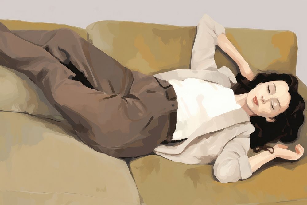 Woman laying in sofa furniture sleeping adult. AI generated Image by rawpixel.