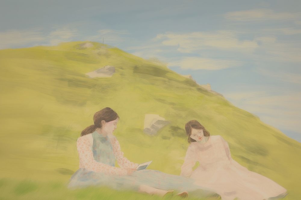 Women picnic on a grass hills painting art plant. AI generated Image by rawpixel.