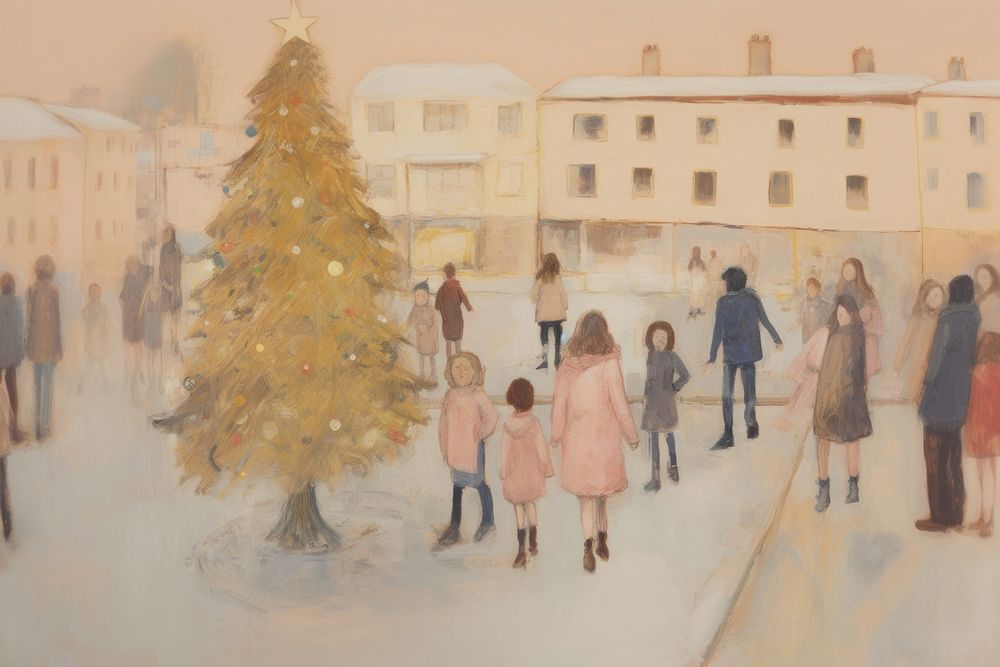 Christmas tree in town a lot of people art painting footwear. AI generated Image by rawpixel.