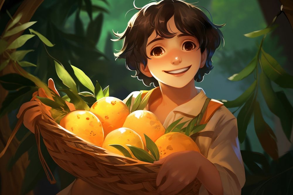 Boy holding basket full of mango agriculture happiness freshness. AI generated Image by rawpixel.