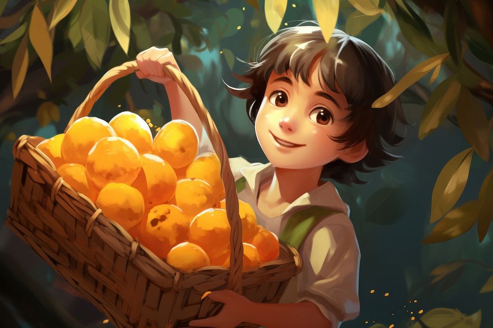 Boy holding basket full of mango fruit plant food. AI generated Image by rawpixel.