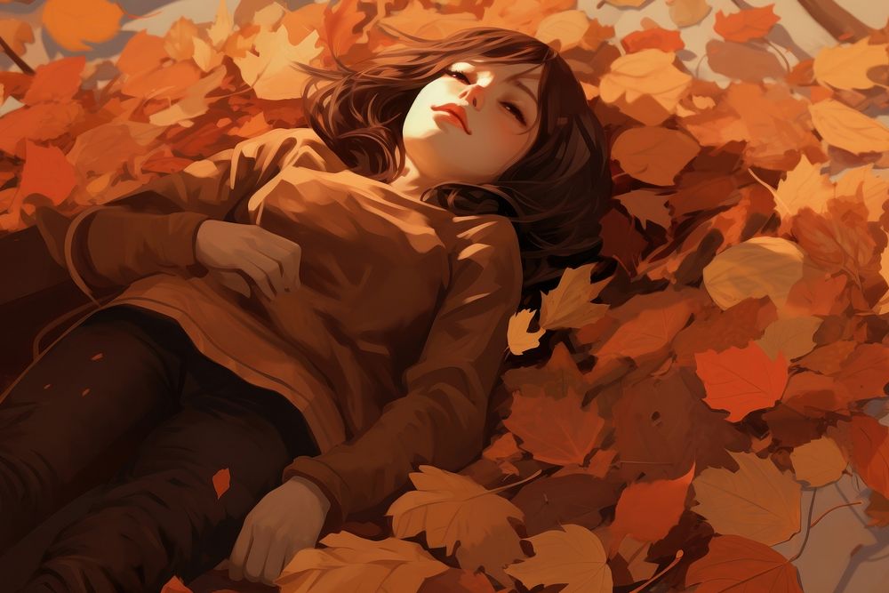 Girl lying on fall leave pile leaves plant anime. AI generated Image by rawpixel.